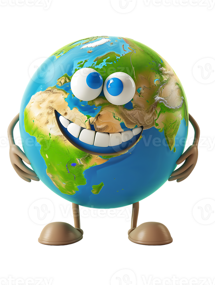 3D style cartoon character of a happy Earth isolated against a transparent background png