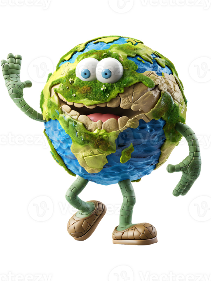 3D style cartoon character of a happy Earth isolated against a transparent background png