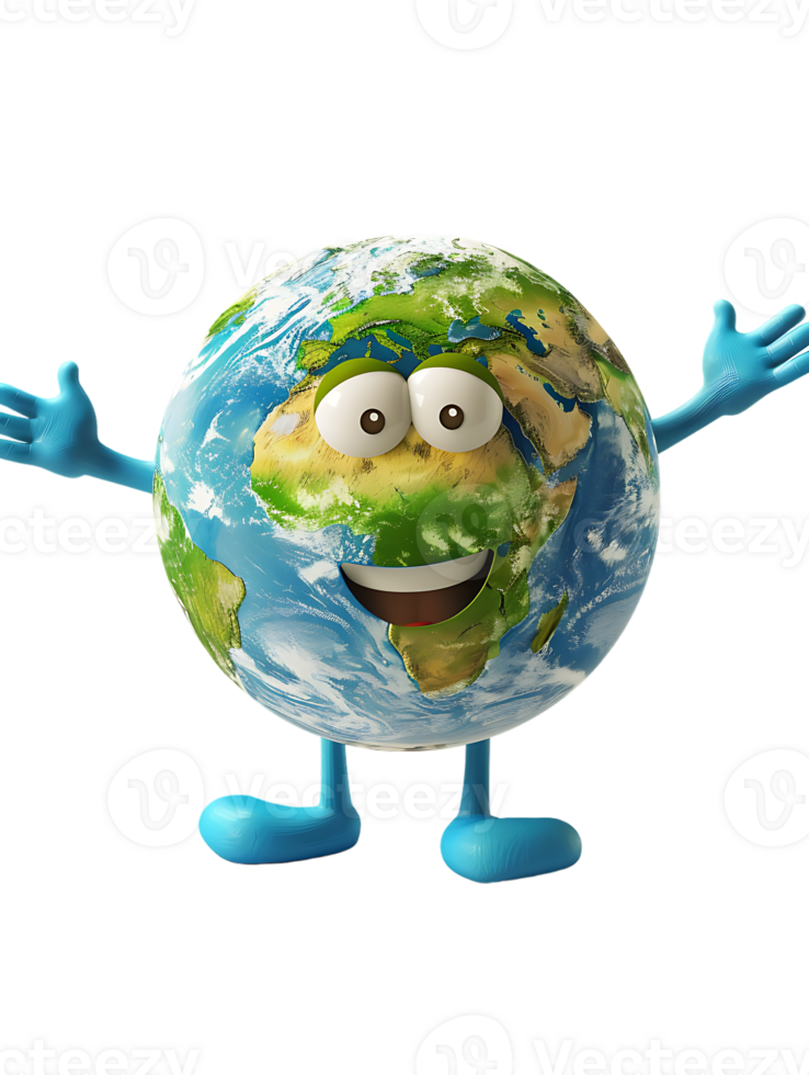 3D style cartoon character of a happy Earth isolated against a transparent background png