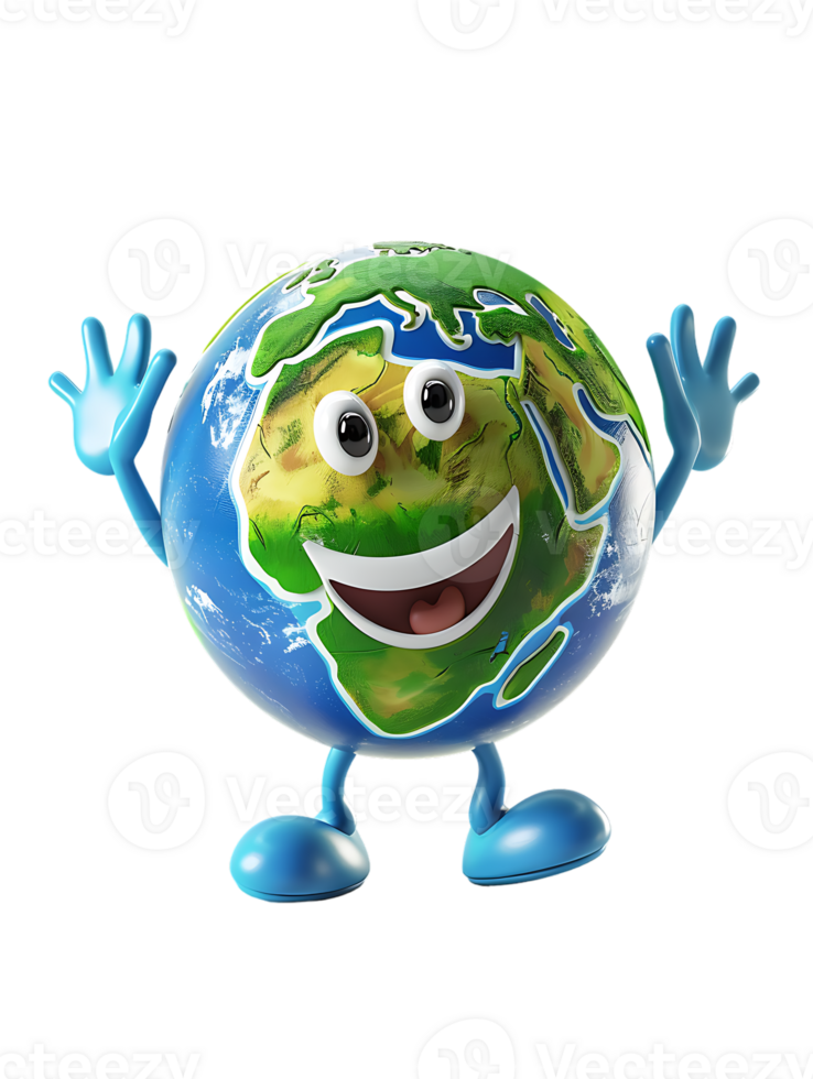 3D style cartoon character of a happy Earth isolated against a transparent background png