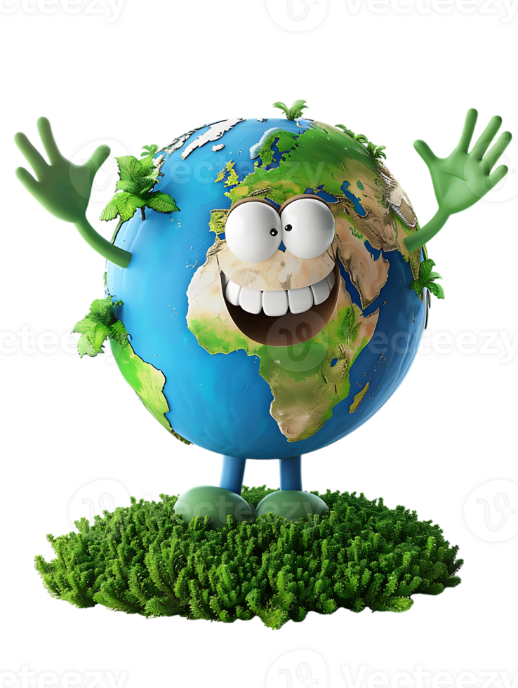3D style cartoon character of a happy Earth isolated against a transparent background png