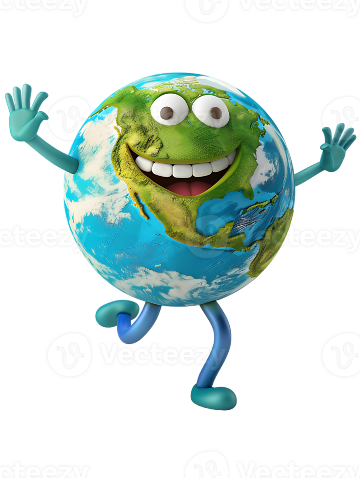 3D style cartoon character of a happy Earth isolated against a transparent background png
