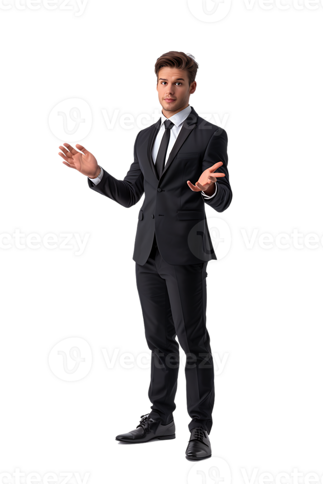 Businessman presenting something isolated against a transparent background png