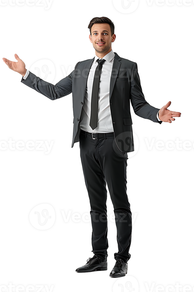 Businessman presenting something isolated against a transparent background png