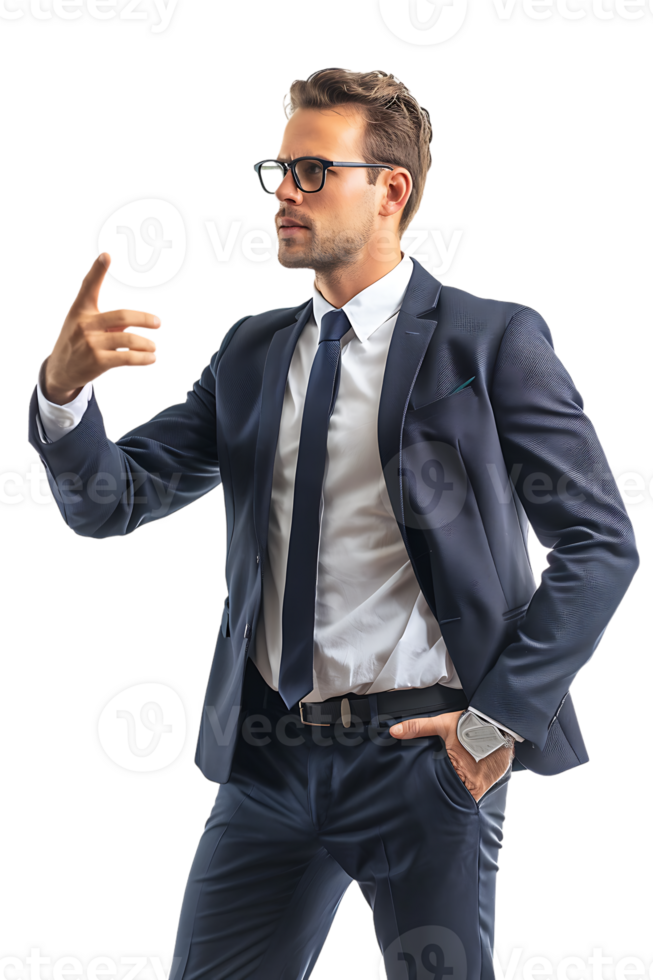 Businessman presenting something isolated against a transparent background png