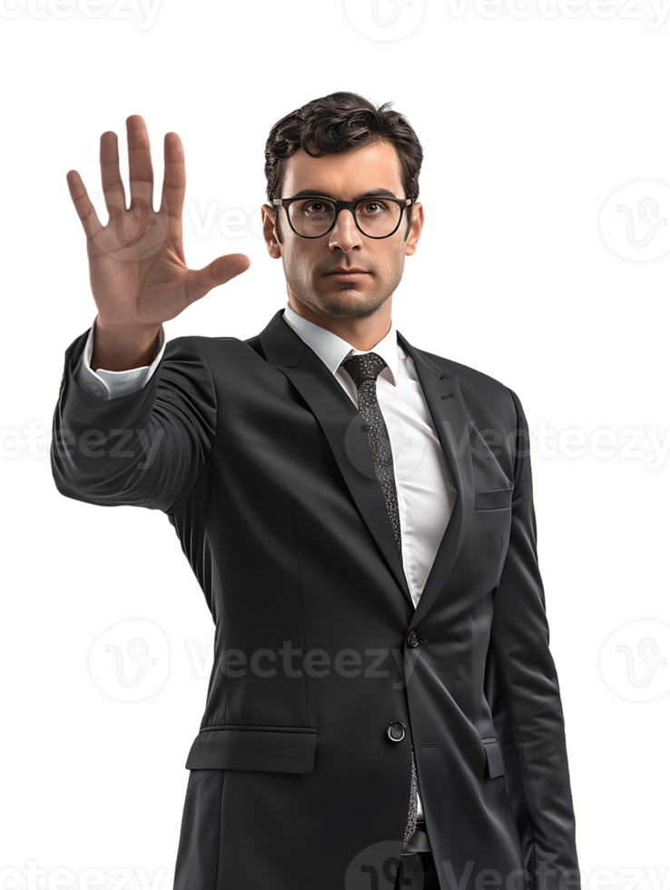 Businessman making a stop gesture isolated against a transparent background png