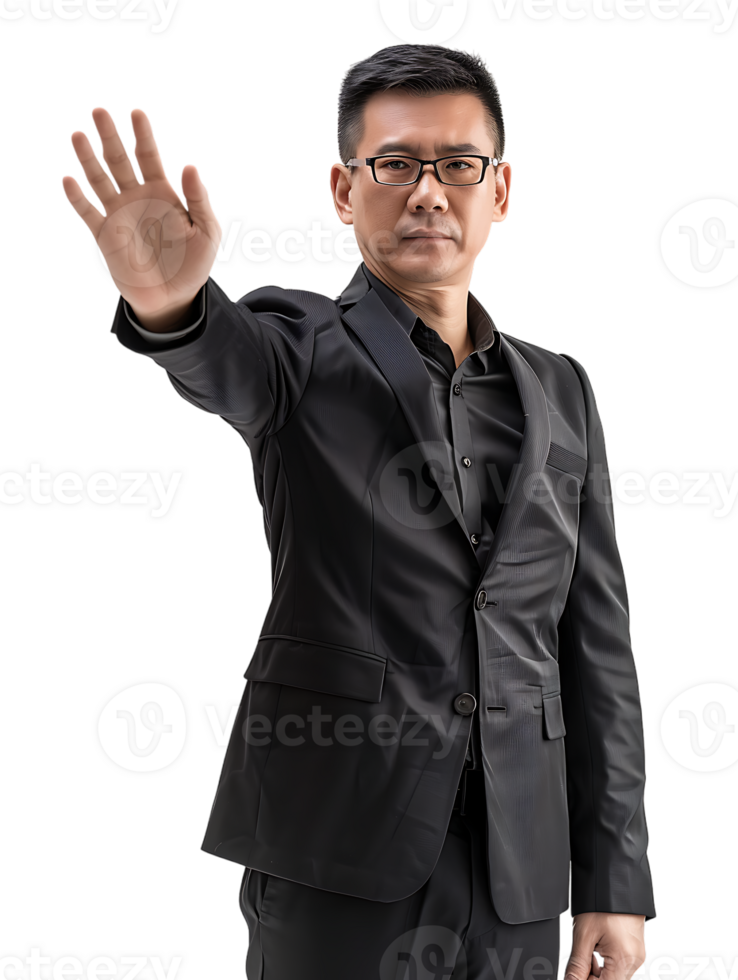 Businessman making a stop gesture isolated against a transparent background png