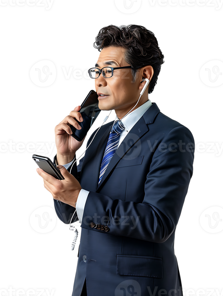 Businessman using a smartphone isolated against a transparent background png