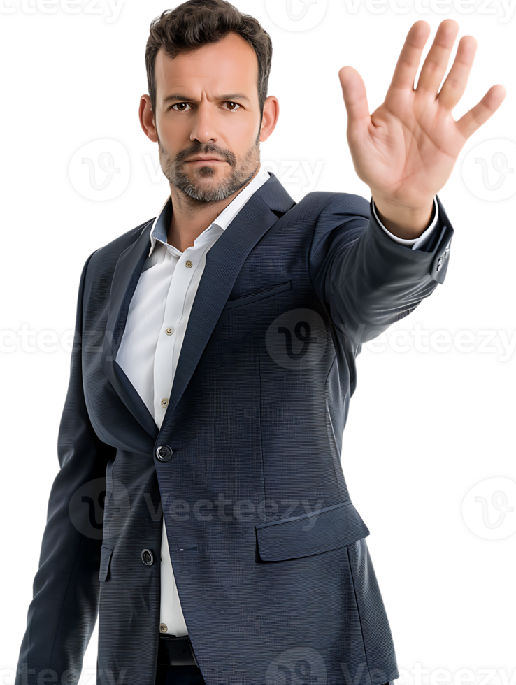 Businessman making a stop gesture isolated against a transparent background png