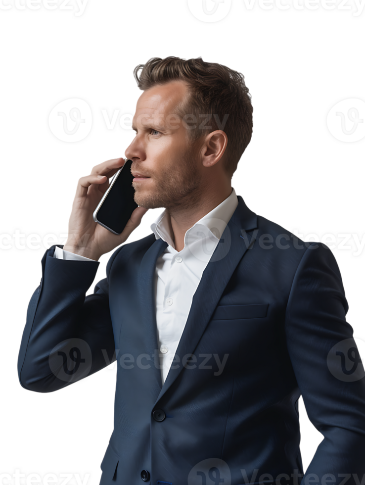 Businessman using a smartphone isolated against a transparent background png