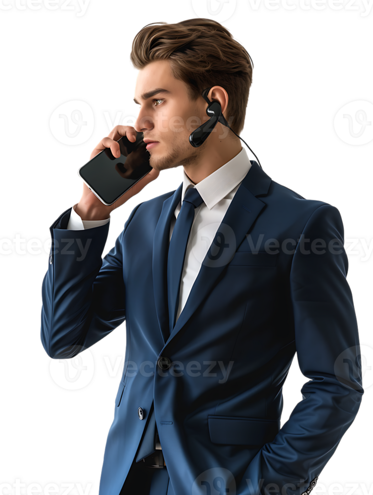 Businessman using a smartphone isolated against a transparent background png