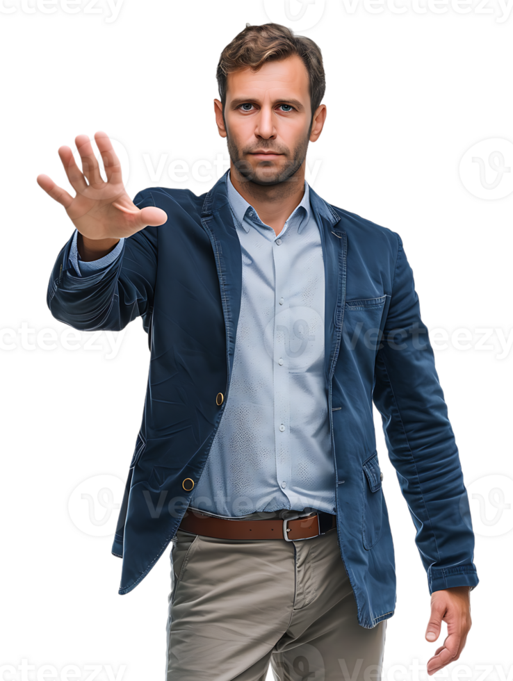 Businessman making a stop gesture isolated against a transparent background png