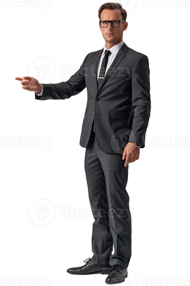 Businessman presenting something isolated against a transparent background png