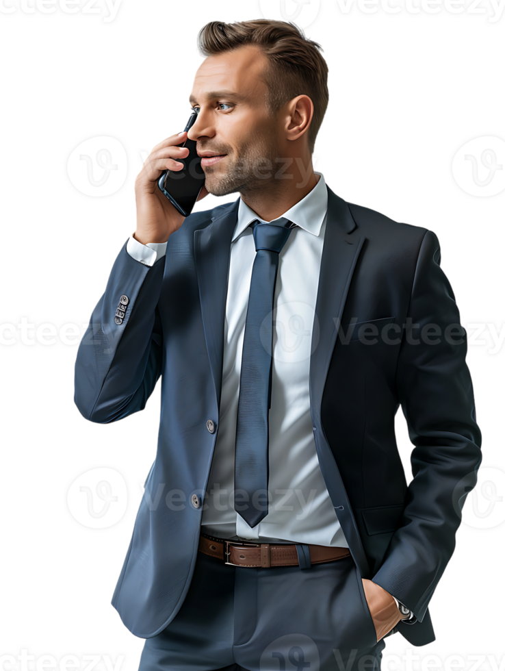 Businessman using a smartphone isolated against a transparent background png