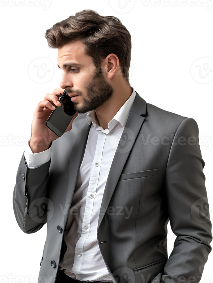 Businessman using a smartphone isolated against a transparent background png