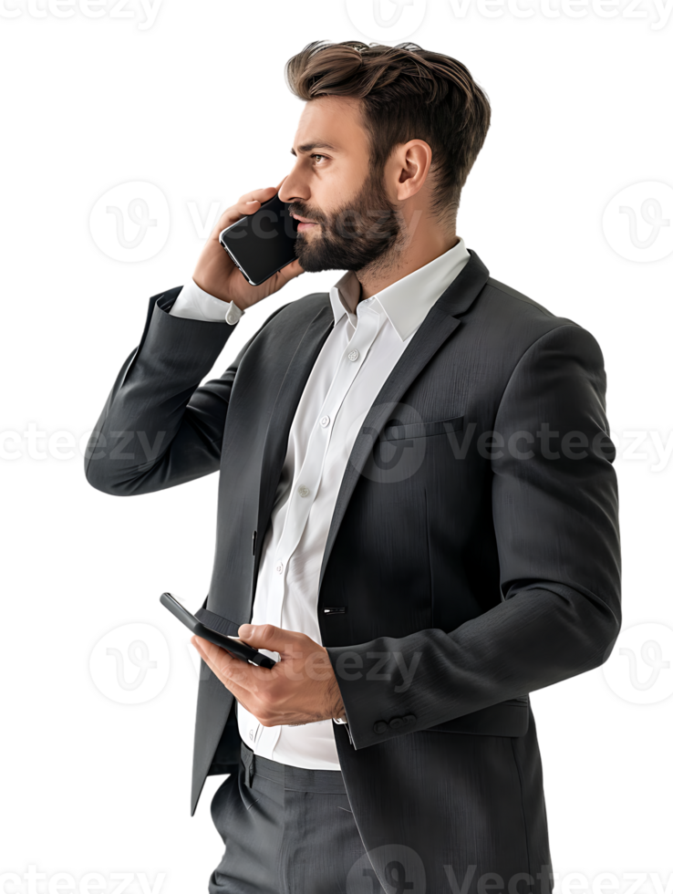 Businessman using a smartphone isolated against a transparent background png