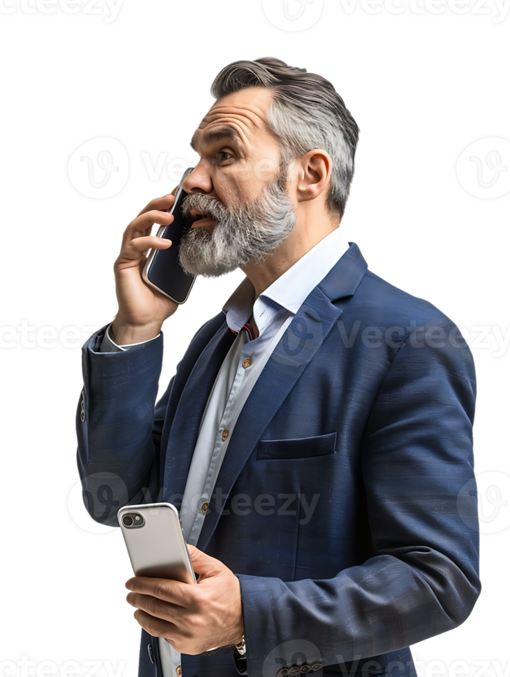Businessman using a smartphone isolated against a transparent background png