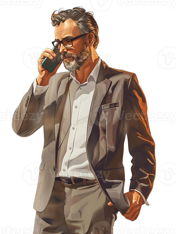 Businessman using a smartphone isolated against a transparent background png