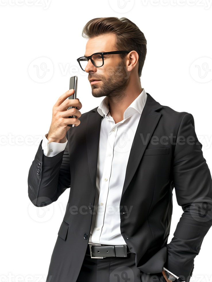 Businessman using a smartphone isolated against a transparent background png