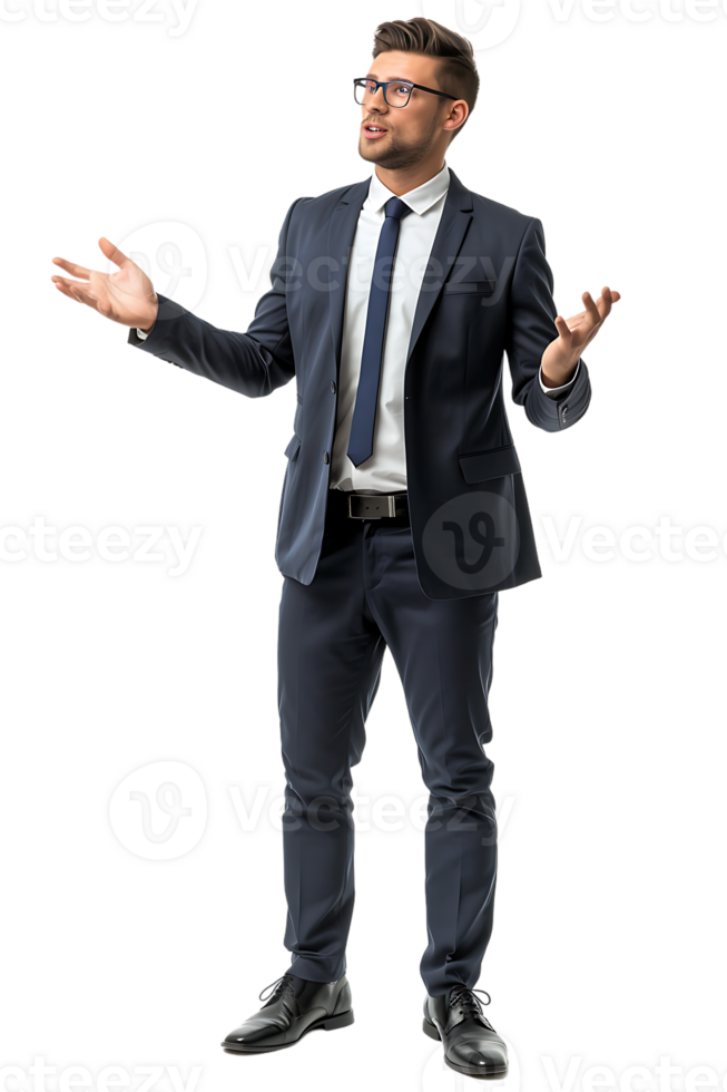 Businessman presenting something isolated against a transparent background png