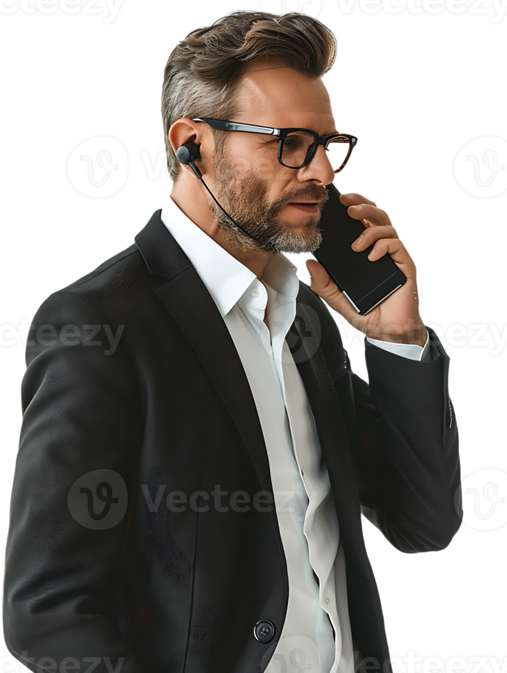 Businessman using a smartphone isolated against a transparent background png