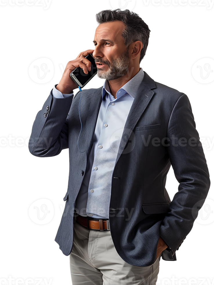 Businessman using a smartphone isolated against a transparent background png