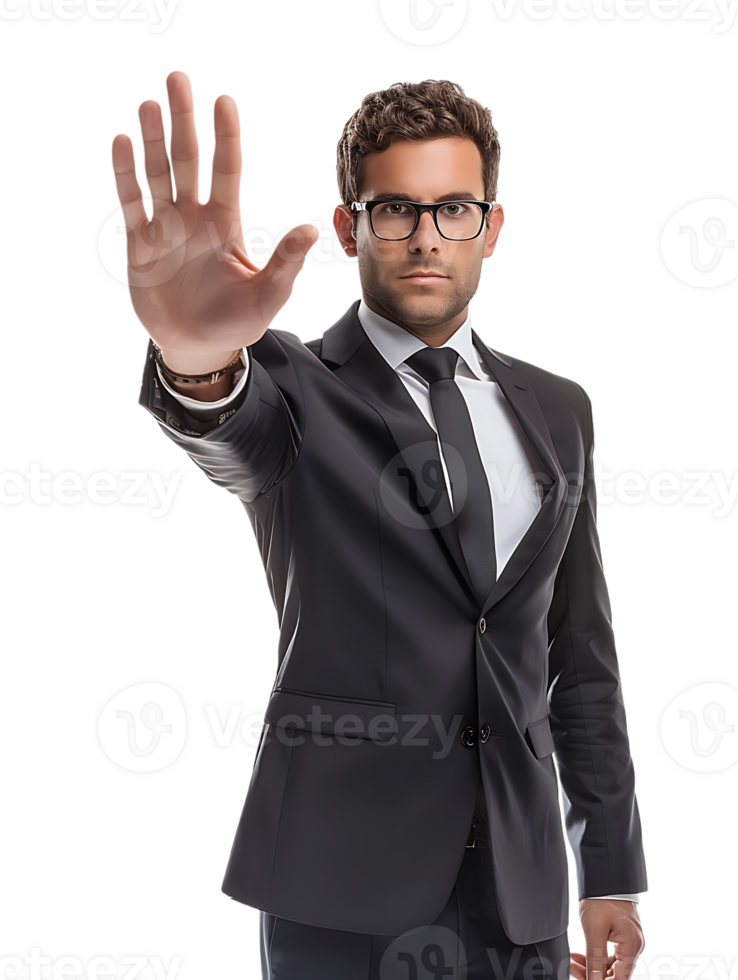 Businessman making a stop gesture isolated against a transparent background png