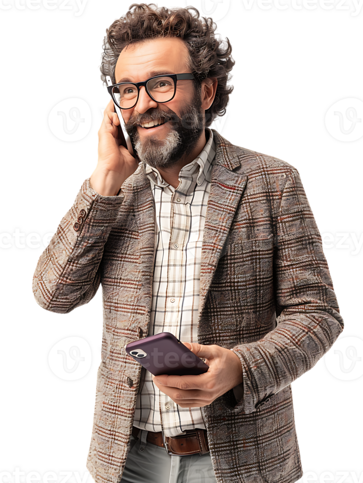 Businessman using a smartphone isolated against a transparent background png