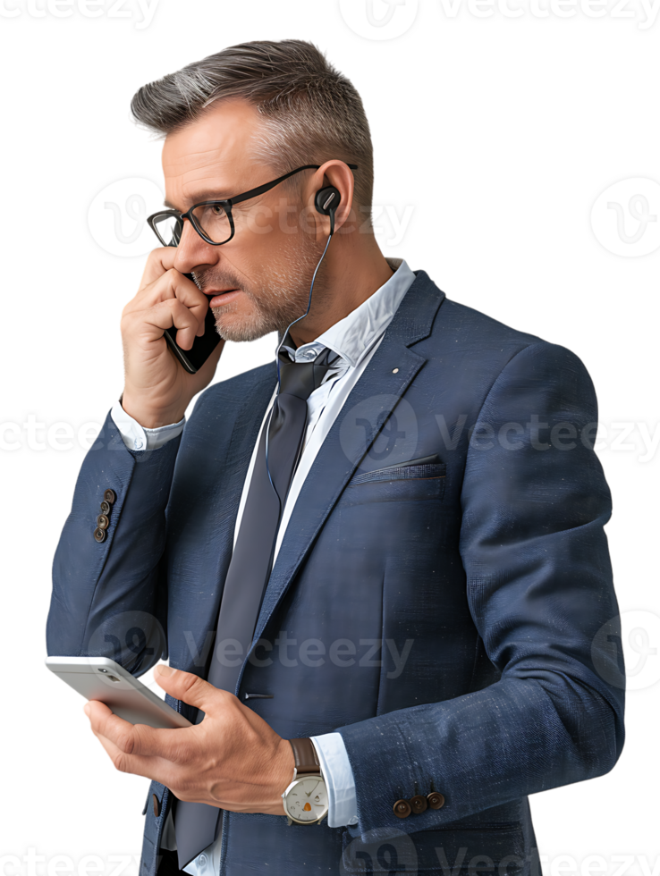 Businessman using a smartphone isolated against a transparent background png
