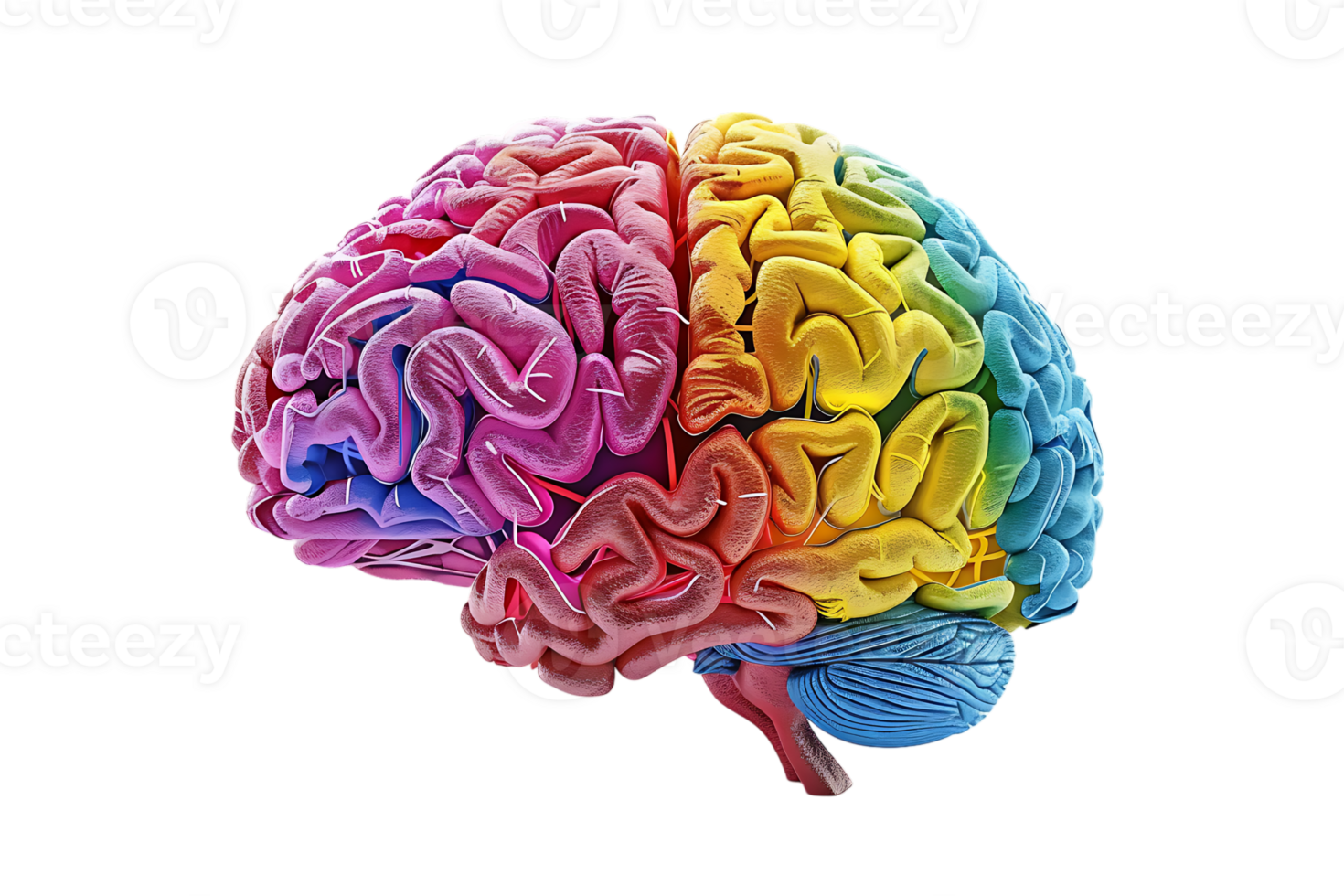 3D style colorful brain, isolated against a transparent background png