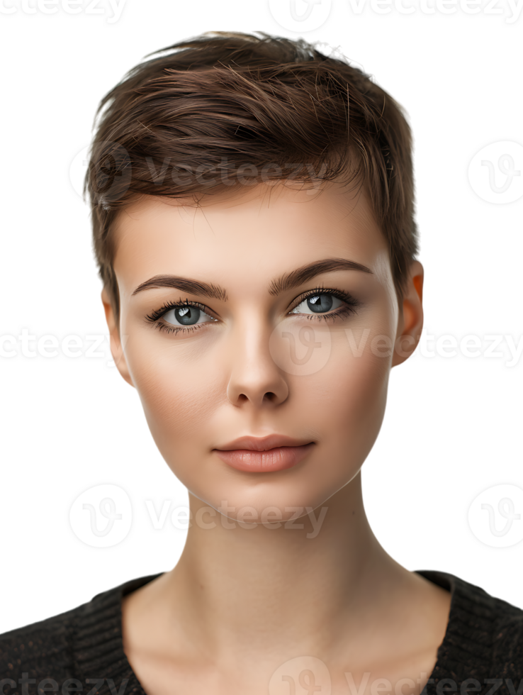 Caucasian female model with short hair, isolated against a transparent background png