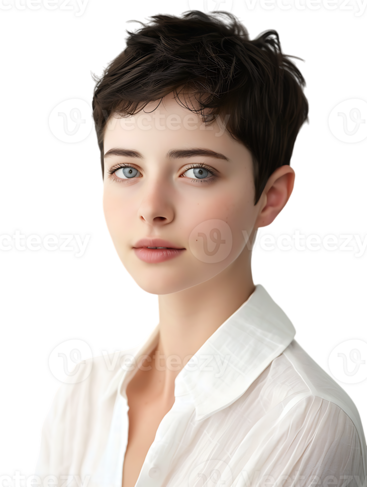 Caucasian female model with short hair, isolated against a transparent background png