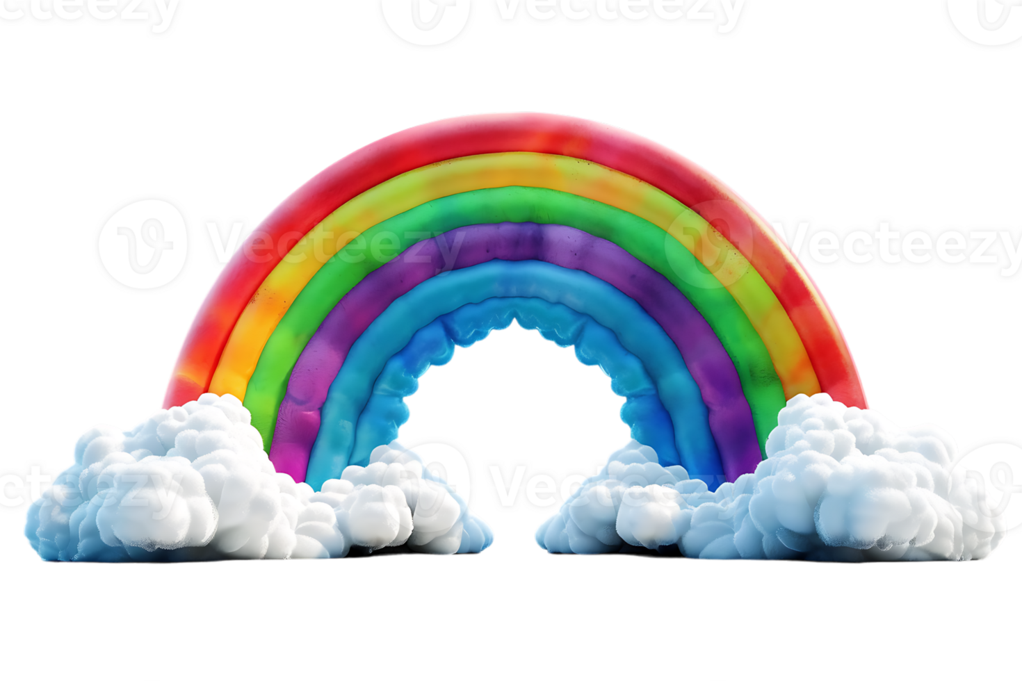 3D style rainbow with clouds, isolated against a transparent background png