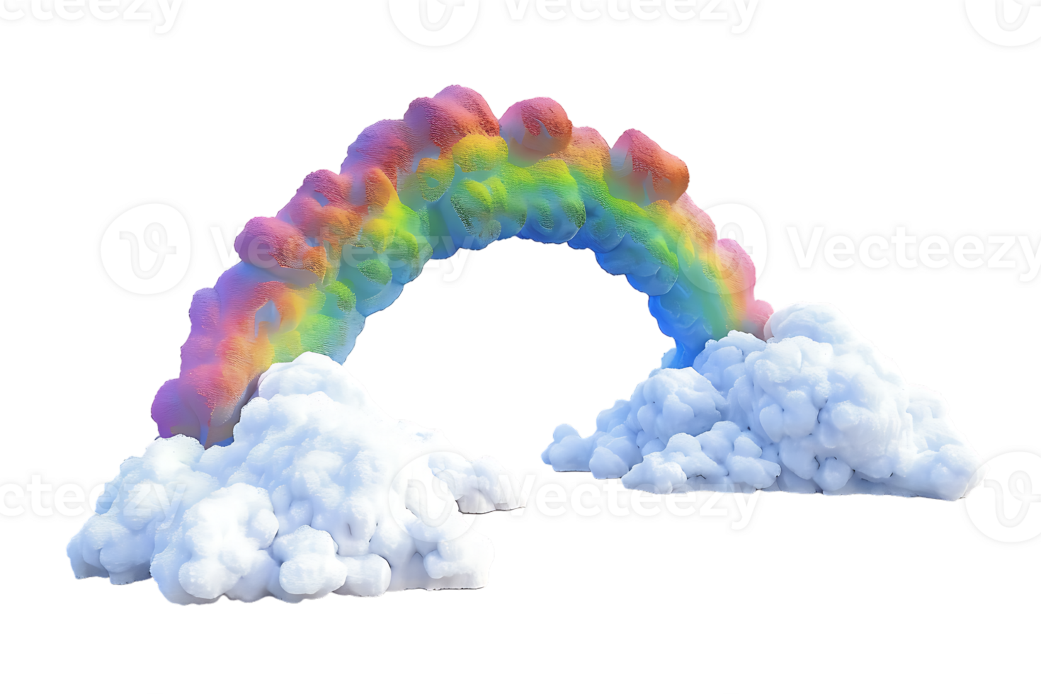 3D style rainbow with clouds, isolated against a transparent background png
