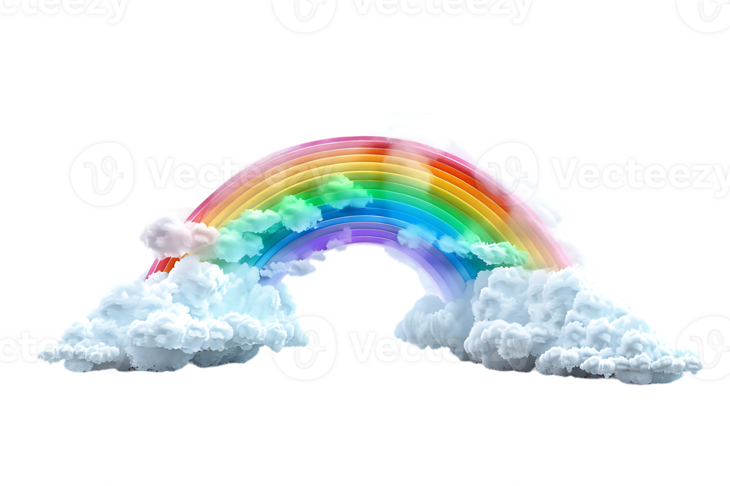 3D style rainbow with clouds, isolated against a transparent background png