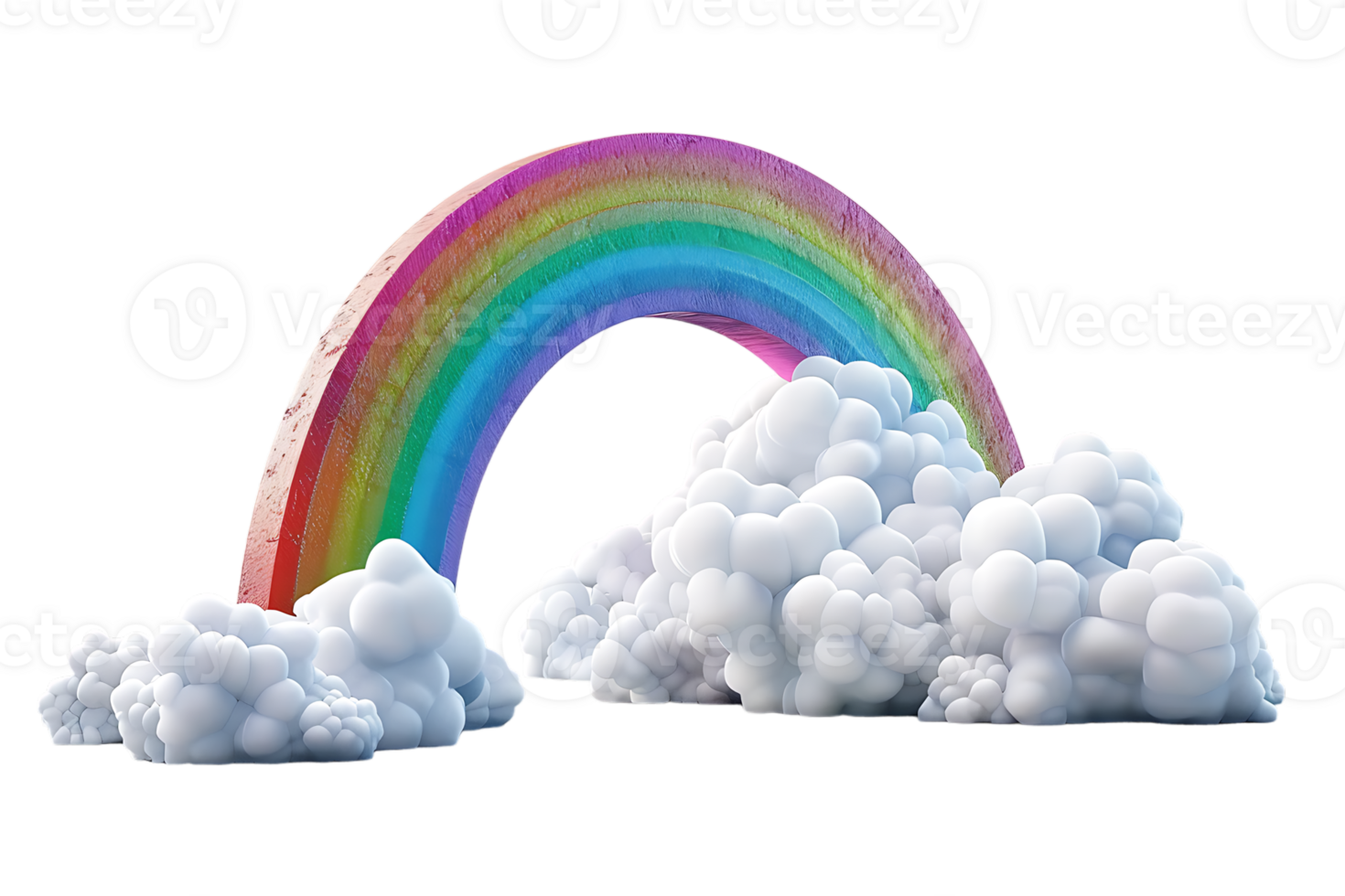 3D style rainbow with clouds, isolated against a transparent background png
