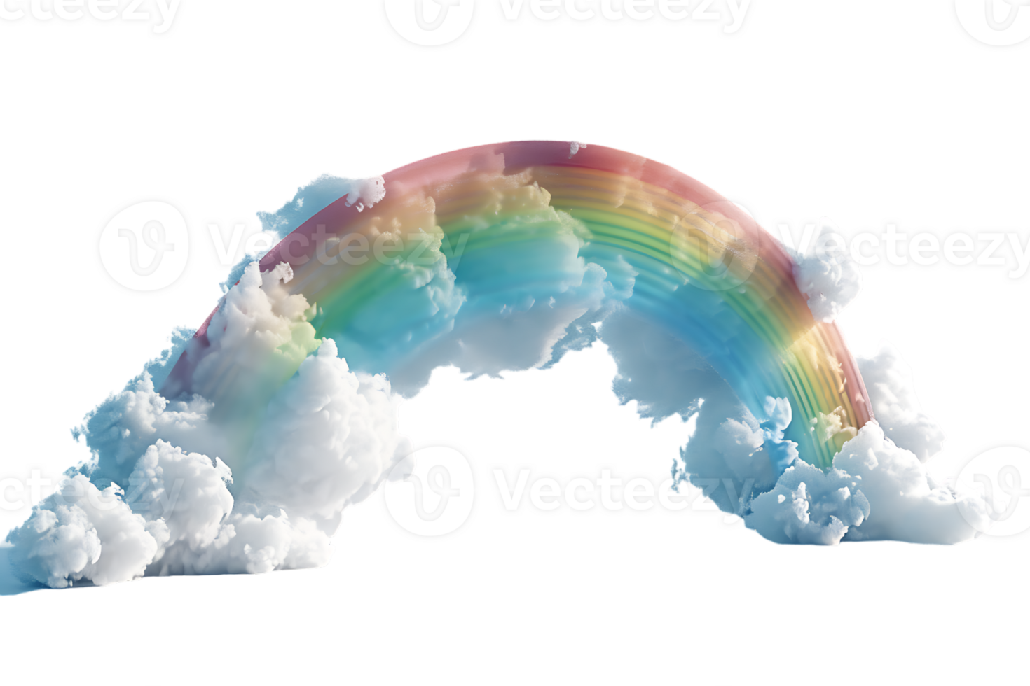 3D style rainbow with clouds, isolated against a transparent background png