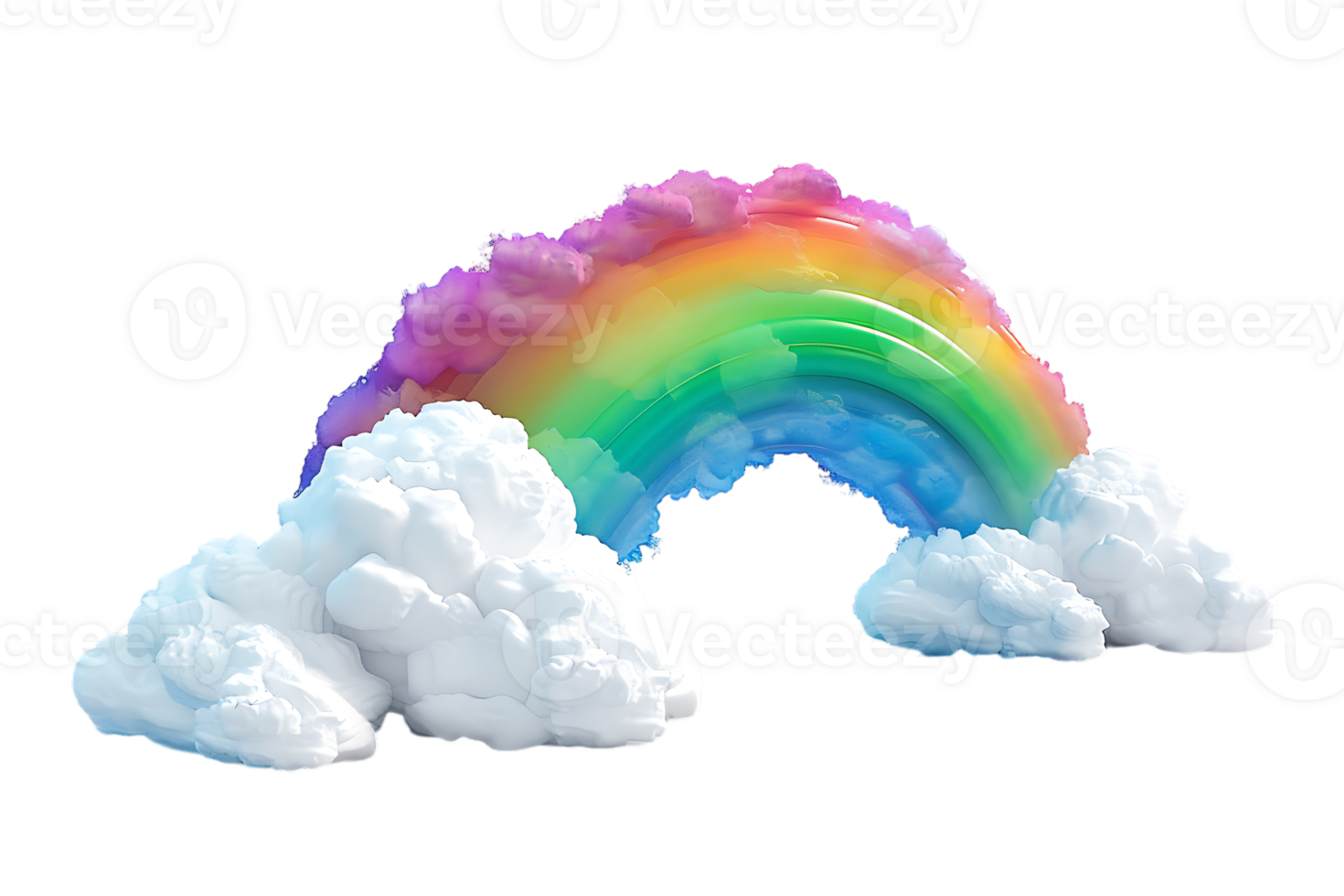 3D style rainbow with clouds, isolated against a transparent background png