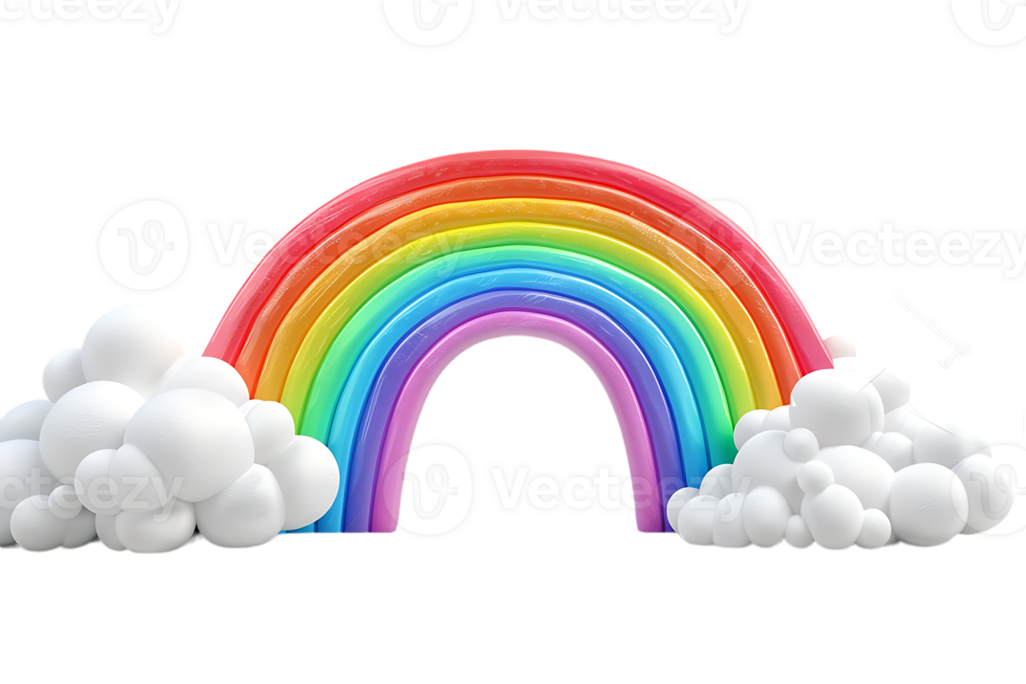 3D style rainbow with clouds, isolated against a transparent background png