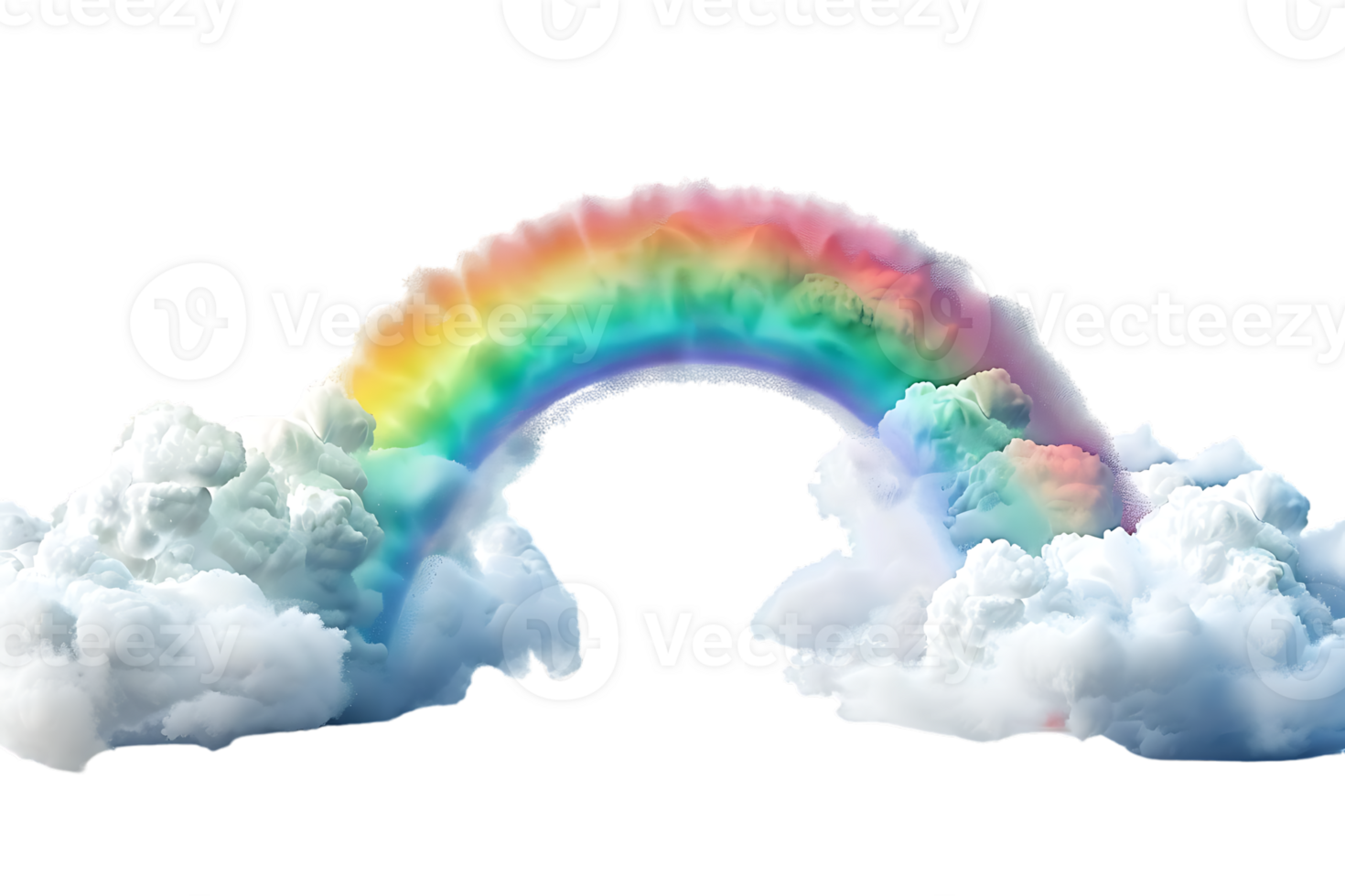 3D style rainbow with clouds, isolated against a transparent background png