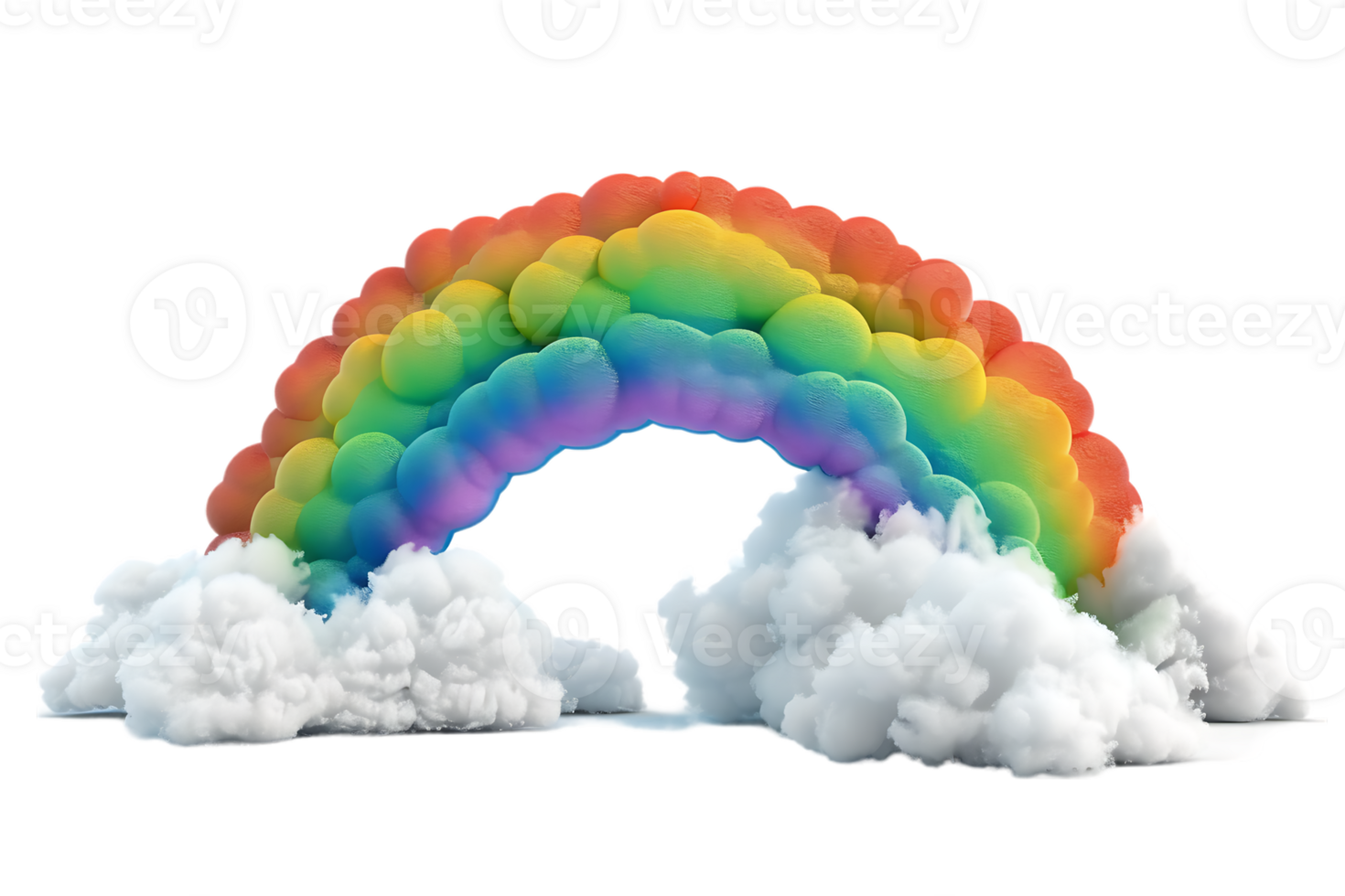 3D style rainbow with clouds, isolated against a transparent background png