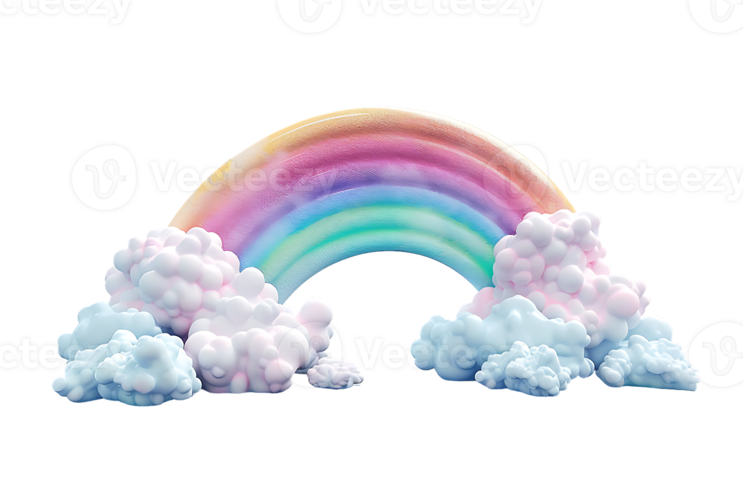 3D style rainbow with clouds, isolated against a transparent background png
