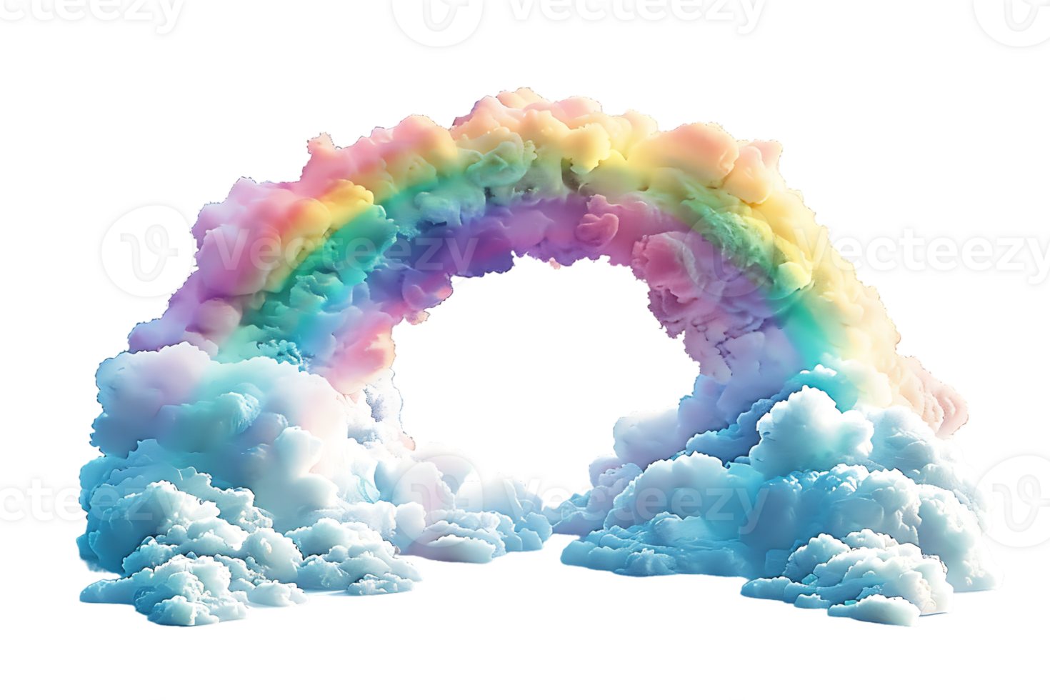 3D style rainbow with clouds, isolated against a transparent background png