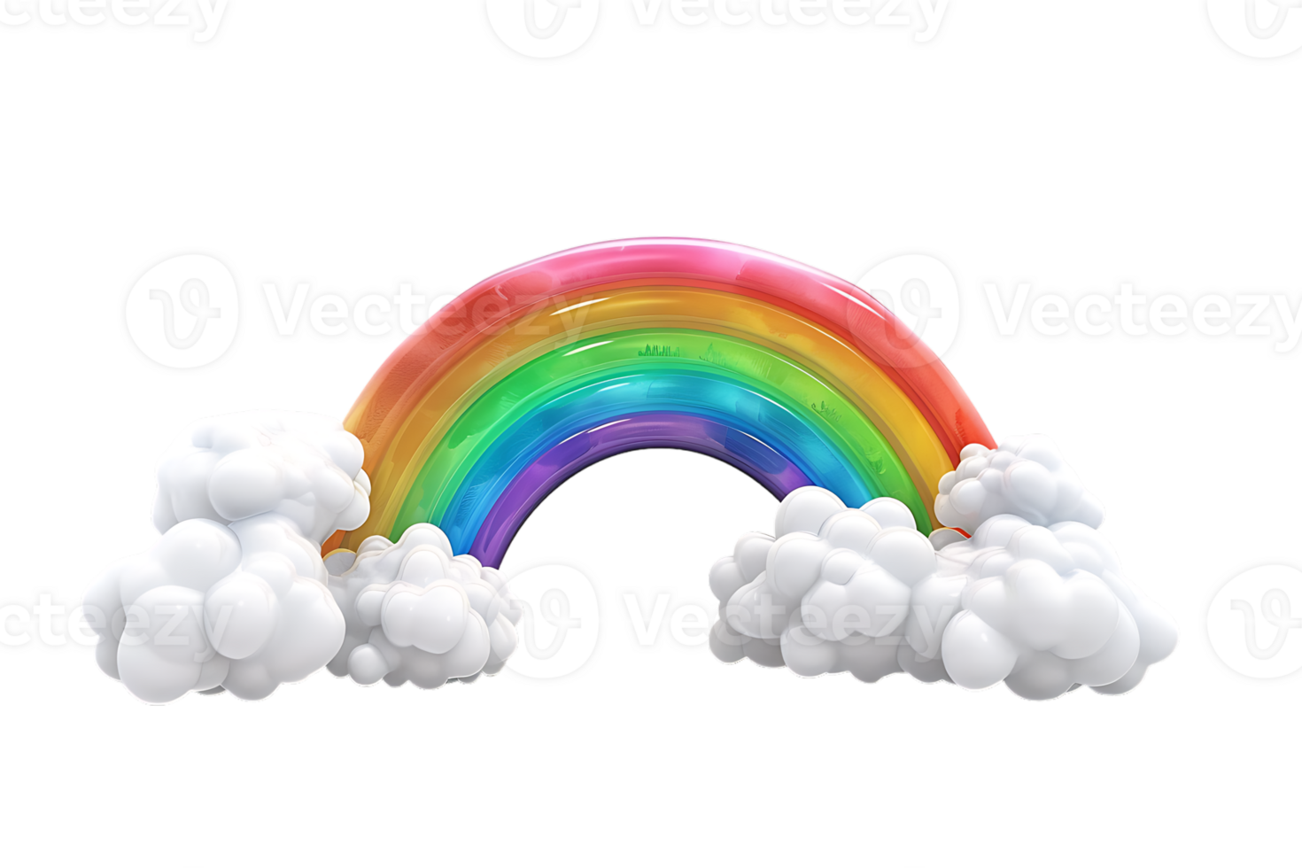 3D style rainbow with clouds, isolated against a transparent background png