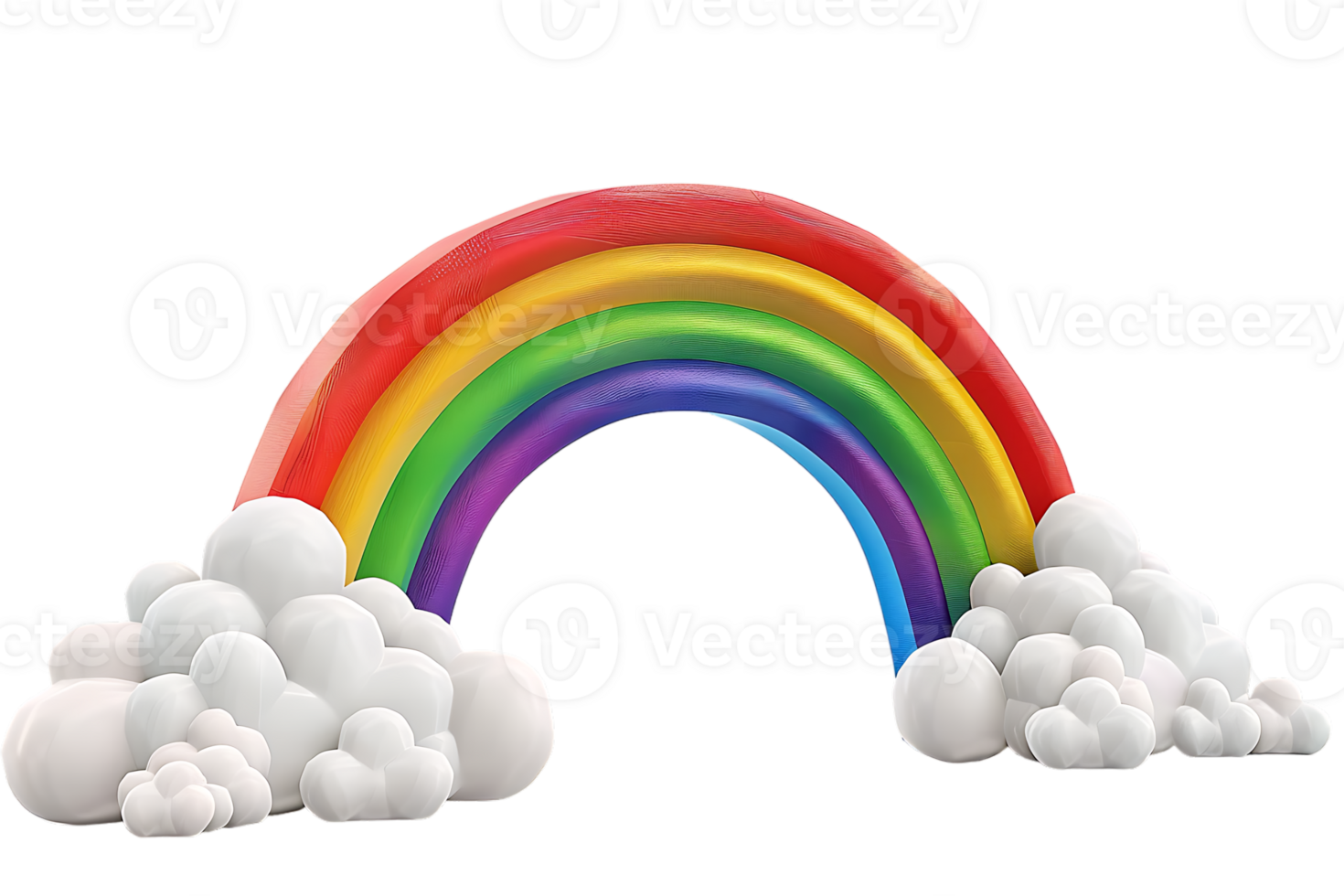 3D style rainbow with clouds, isolated against a transparent background png
