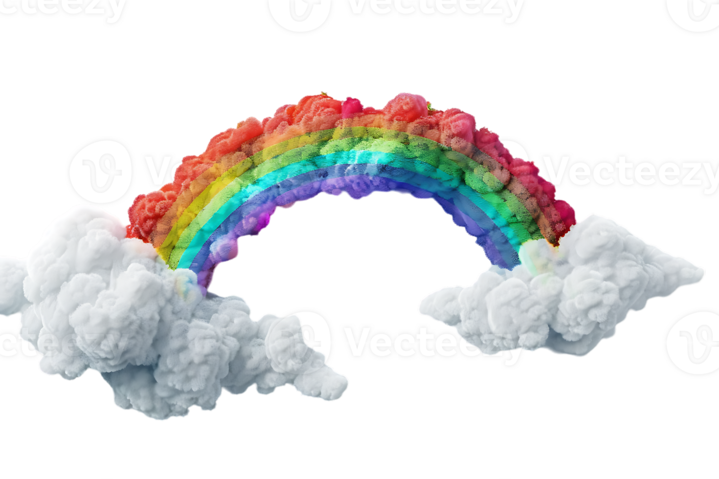3D style rainbow with clouds, isolated against a transparent background png