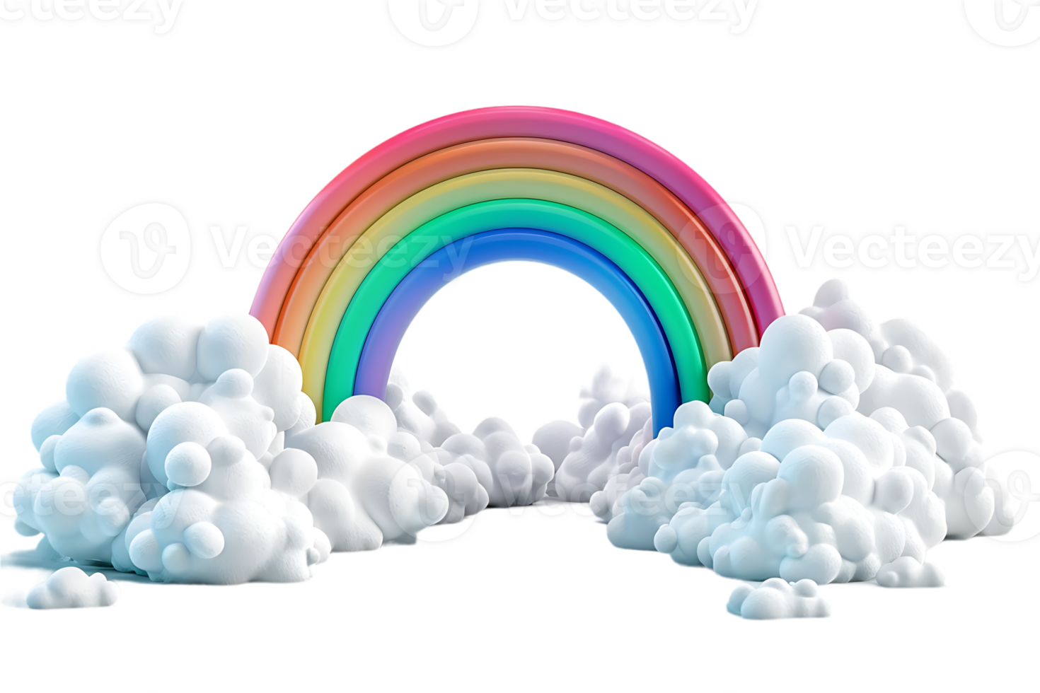 3D style rainbow with clouds, isolated against a transparent background png