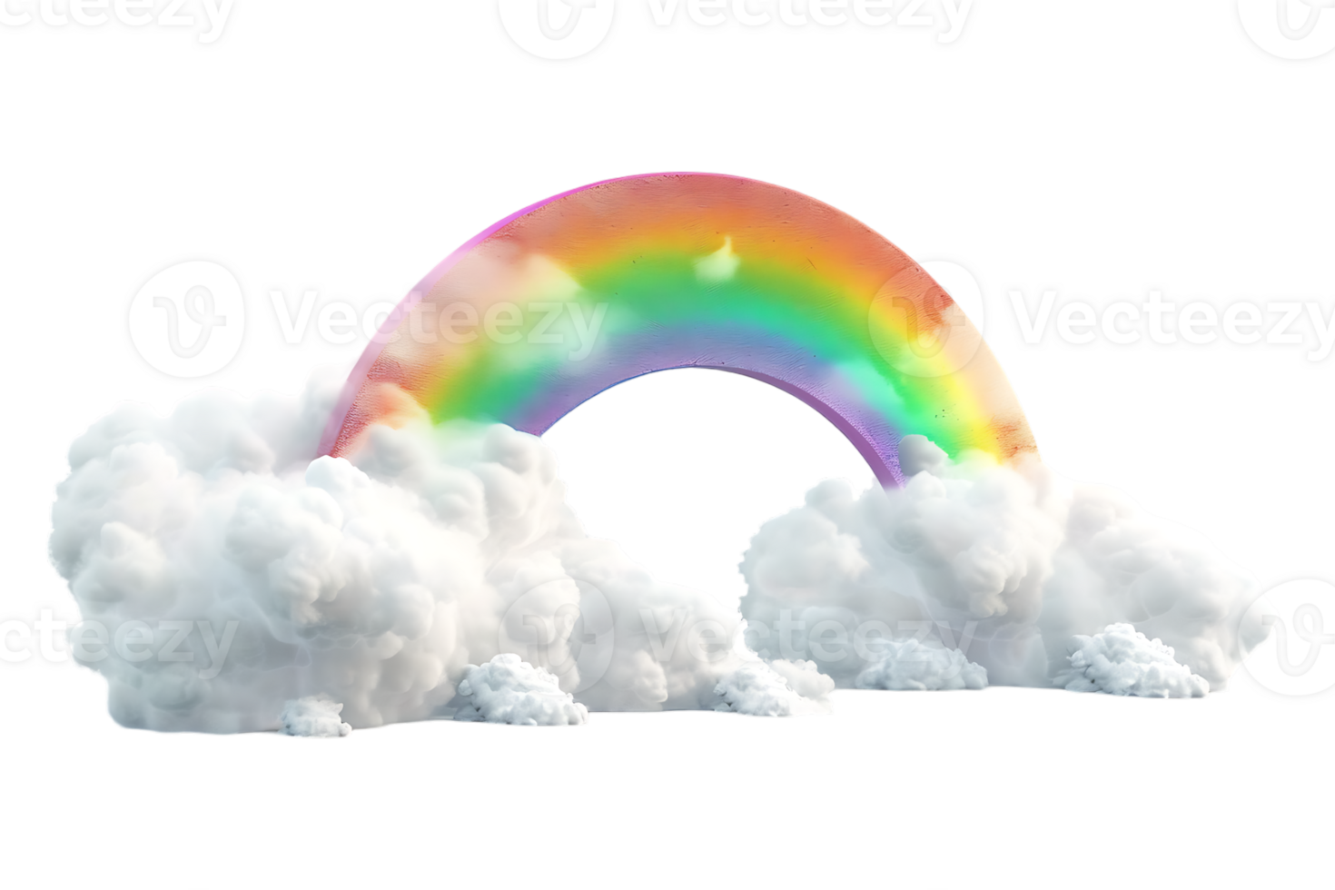 3D style rainbow with clouds, isolated against a transparent background png