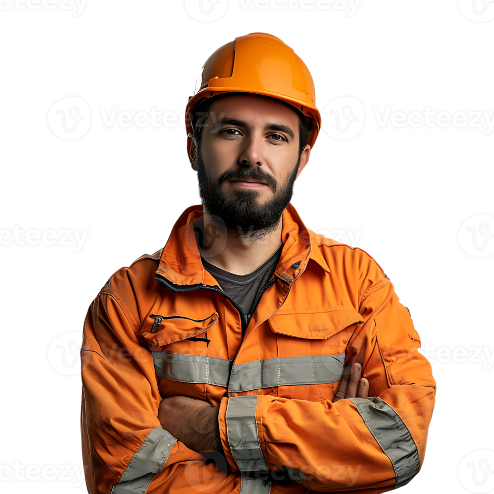 confident construction worker standing crossed arm isolated against a transparent background png