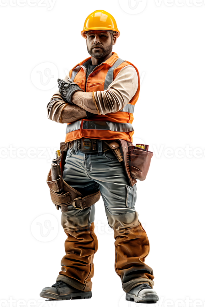 confident construction worker standing crossed arm isolated against a transparent background png